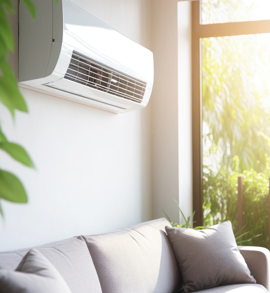 Climatiseur mural et salon moderne ensoleillé Climatiseur mural blanc moderne au-dessus d'un canapé gris clair, avec la lumière du soleil filtrant par une grande fenêtre. Ambiance intérieure lumineuse.