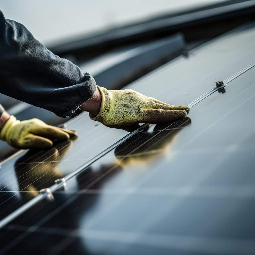 Mains gantées de jaune ajustant un panneau solaire noir, gros plan sur le travail d'installation solaire.