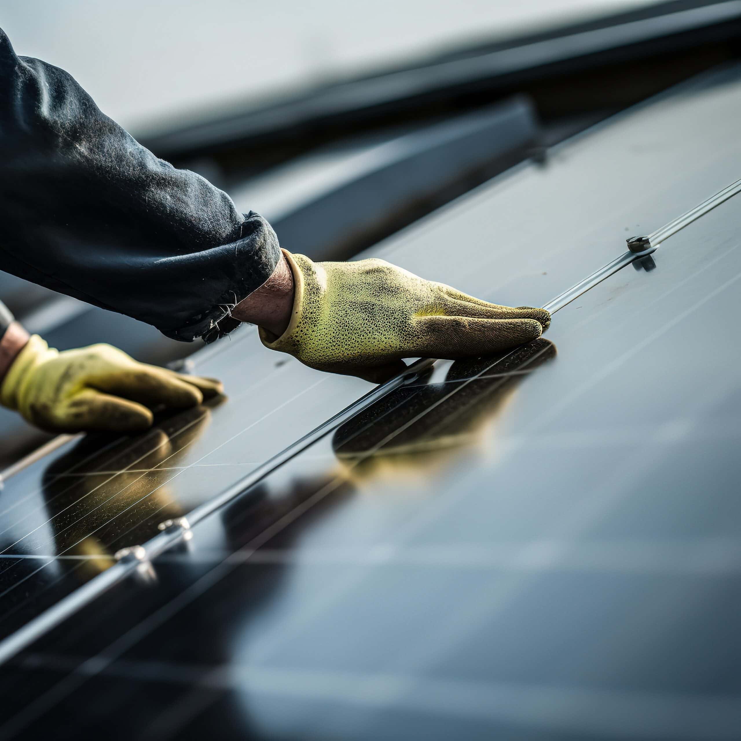 Mains gantées de jaune ajustant un panneau solaire noir, gros plan sur le travail d'installation solaire.
