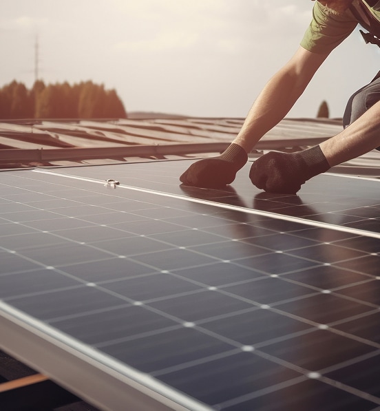 Installation Panneaux Solaires : Pose Technique Photovoltaïque Installation de panneaux solaires sur un toit industriel par un technicien portant des gants noirs par temps ensoleillé.