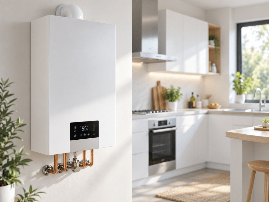Chaudière Gaz à Condensation : Confort et Design Moderne Chaudière à gaz murale blanche avec écran digital affichant 55°C installée dans une cuisine moderne épurée.